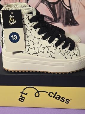 Art Class Kids' White Star High-Top Sneakers with Black Laces - Size 13